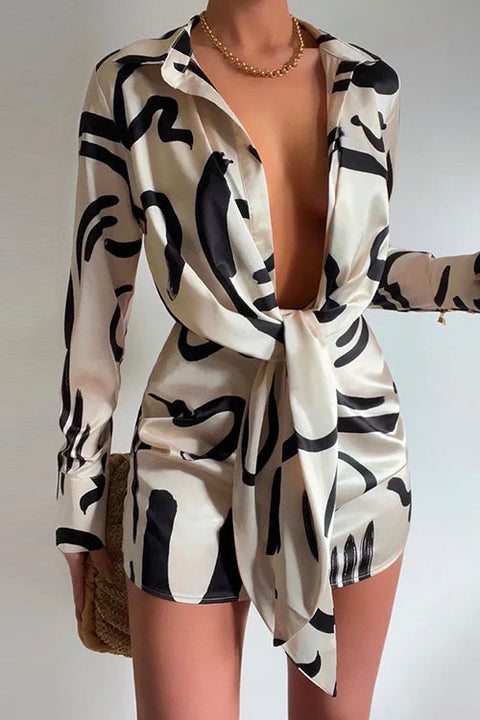 Priyavil Lapel Long Sleeve Tie Knot Front Printed Mini Dress