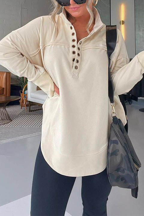 Priyavil Stand Collar Button Up Curve Hem Sweatshirt with Thumb Hole