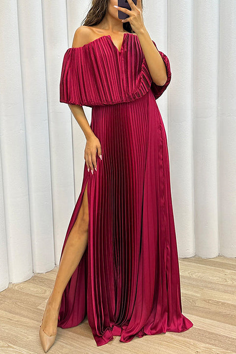 Priyavil Off Shoulder Waisted High Slit Pleated Maxi Dress