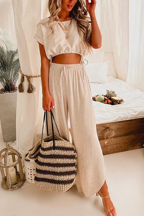 Priyavil Drawstring Hem Crop Top Wide Leg Pants Loungewear Set