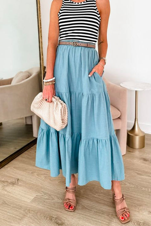 Ruffle Tiered Denim Maxi Swing Skirt