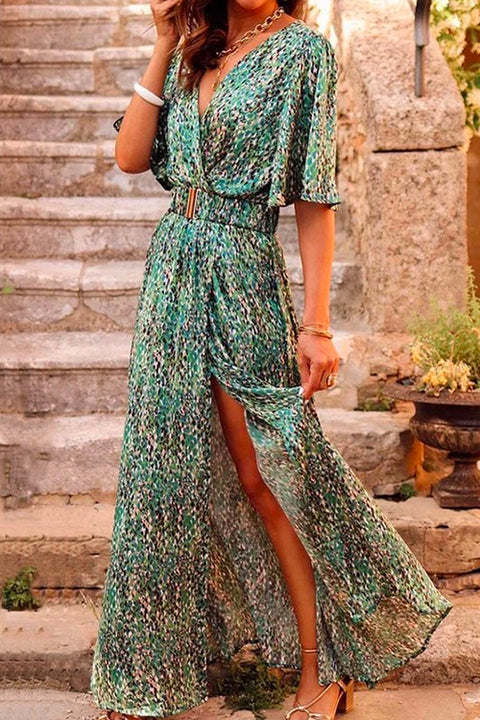 Priyavil Wrap V Neck Flare Sleeve High Slit Maxi Printed Dress