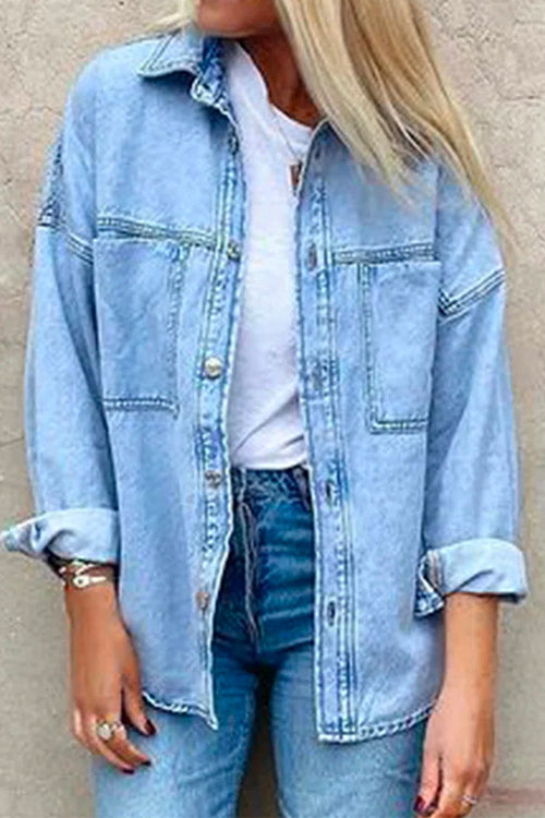 Priyavil Drop Shoulder Long Sleeves Distressed Boyfriend Denim Shacket