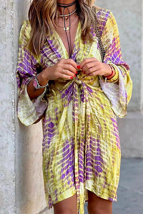 Priyavil V Neck Knot Front Flare Sleeve Tie Dye Dress