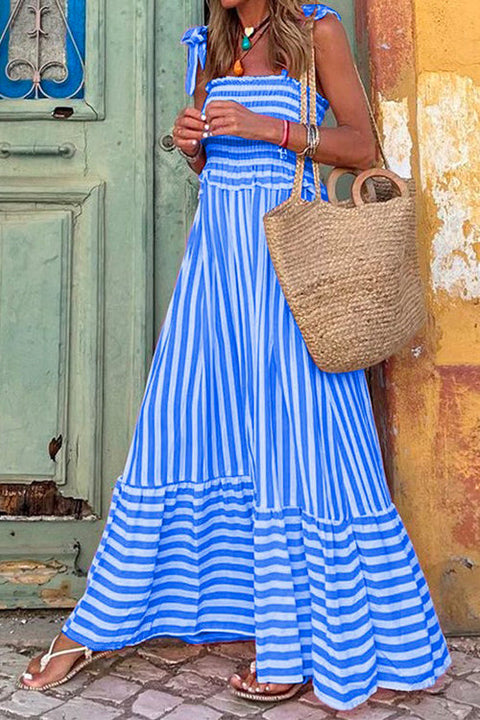 Priyavil Striped Bow Knot Shoulder Smocked Ruffle Maxi Holiday Dress