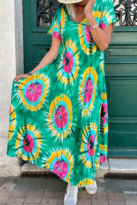 Priyavil V Neck Short Sleeve Tie Dye Maxi Swing Dress