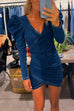 Wrap V Neck Puff Sleeves Tulip Bodycon Denim Mini Dress