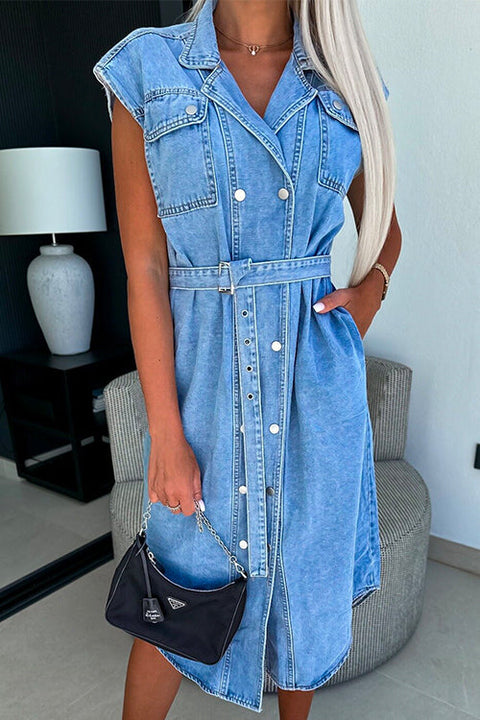 Priyavil Lapel Double Breasted Curve Hem Denim Midi Dress with Belt