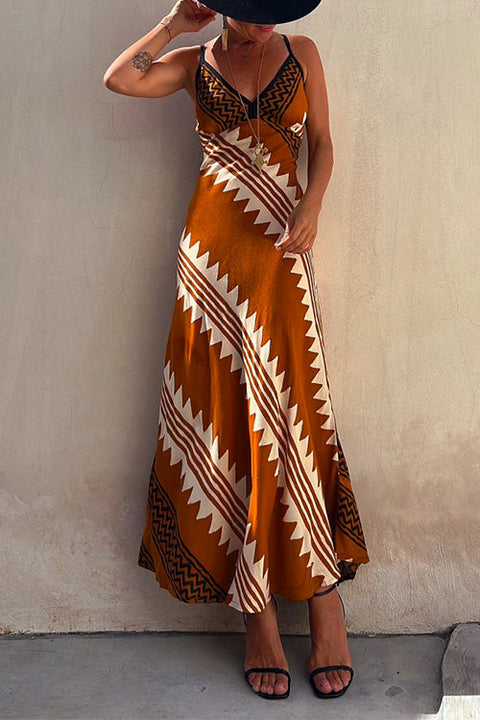 Priyavil V Neck Color Block Printed Maxi Swing Cami Dress