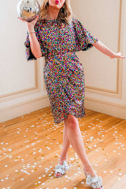 Flare Sleeves Waisted Tulip Colorful Sequin Party Dress