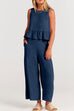 Priyavil Crewneck Ruffle Tank Top Wide Leg Pockets Pants Set