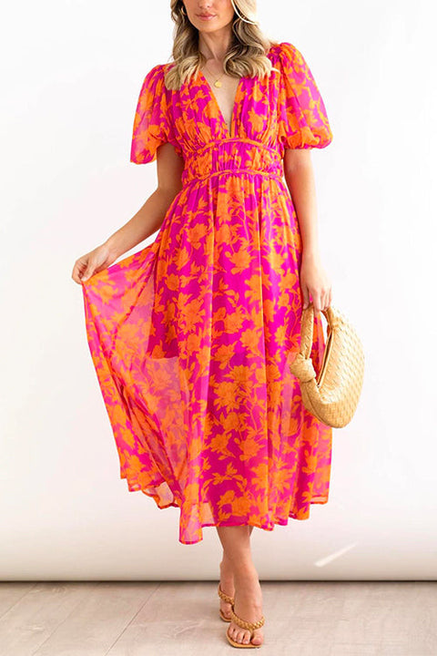 Priyavil V Neck Puff Sleeves High Waist Printed Flowy Dress