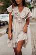 Priyavil V Neck Ruffle Trim Waisted A-line Chiffon Dress