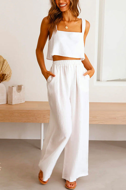 Priyavil Square Collar Cami Crop Top Wide Leg Pants Cotton Linen Set