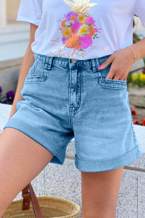 Priyavil Rolled Hem Straight Leg Distressed Denim Shorts