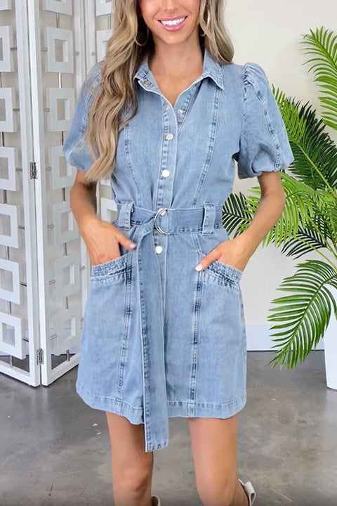 Priyavil Lantern Sleeves Belted A-line Denim Shirt Dress