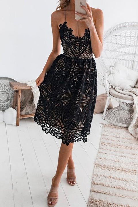 Priyavil V Neck Lace Hollow Out Cami Dress