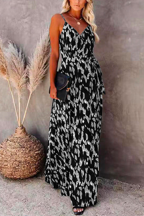 Priyavil Wrap V Neck Tie Waist Printed Flowy Maxi Cami Dress