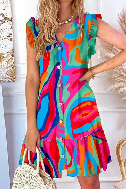 Priyavil V Neck Button Up Printed Ruffle A-line Dress