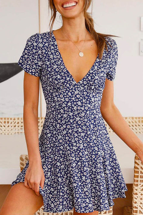 Priyavil V Neck Short Sleeve Printed Mini Swing Dress