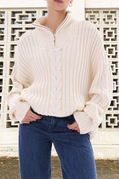 Priyavil Zipper Up Turtleneck Cable Knit Warm Sweater