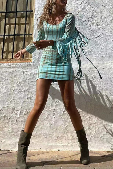 Priyavil Tie Dye Long Sleeves Tassle Mini Dress