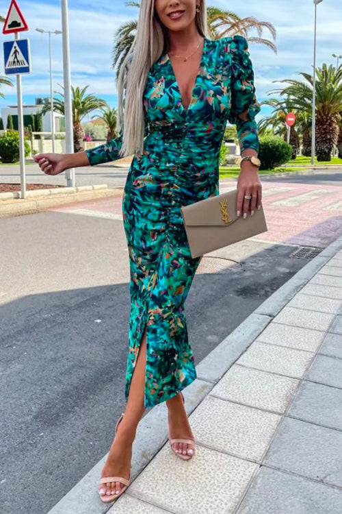 Priyavil Deep V Neck Long Sleeve Ruched Slit Printed Bodycon Dress