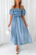 Priyavil Puff Sleeves Smocked Empire Waist Denim Swing Dress