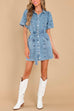 Priyavil Lantern Sleeves Belted A-line Denim Shirt Dress