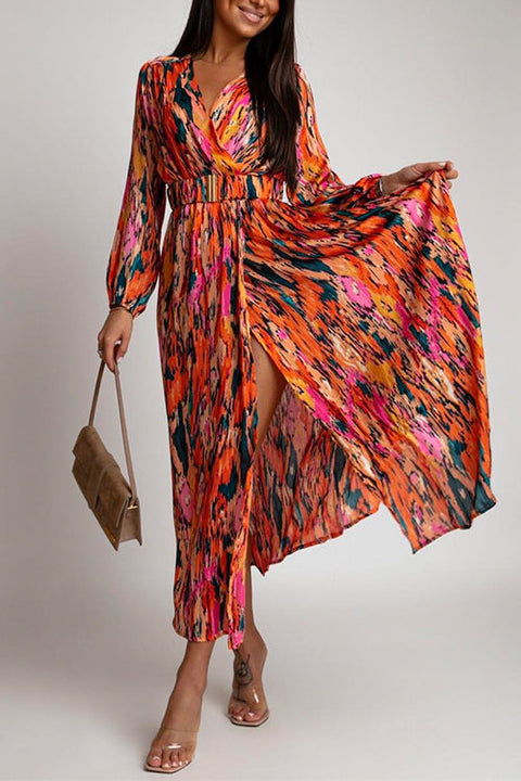 Priyavil V Neck Long Sleeve Belted Printed Maxi Wrapped Dress