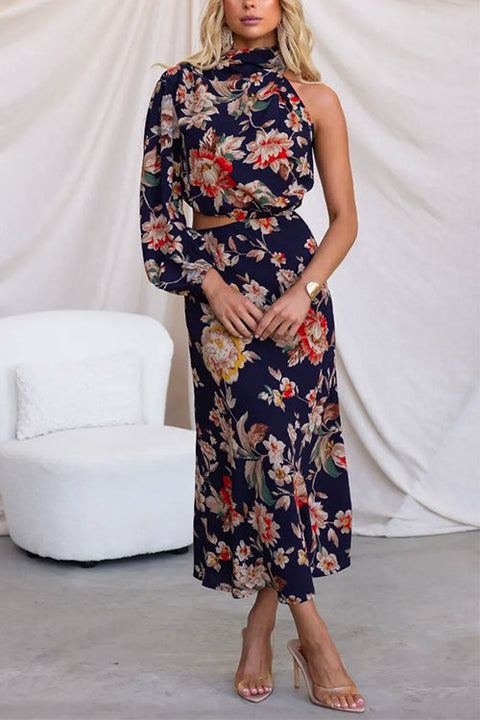 One Shoulder Cut Out Navy Based Floral Print Maxi Dress