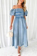 Priyavil Puff Sleeves Smocked Empire Waist Denim Swing Dress