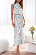 Priyavil Irregular Tie Neck Waisted Floral Printed Maxi Satin Dress