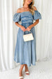 Priyavil Puff Sleeves Smocked Empire Waist Denim Swing Dress