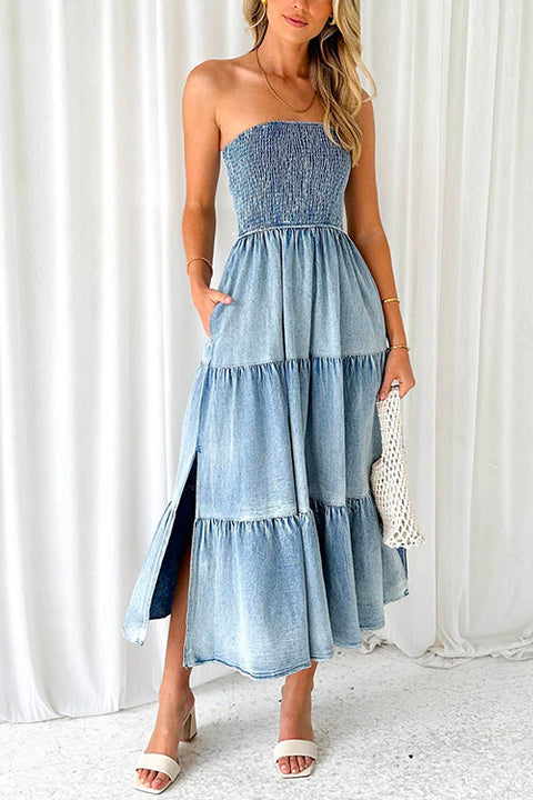 Priyavil Strapless Tube Side Slit Ruffle Tiered Denim Dress