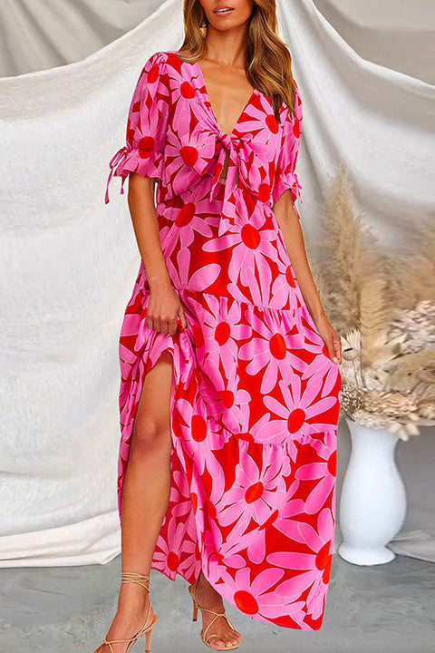 Priyavil Floral Printed V Neck Tie Knot Front Tiered Swing Maxi Dress