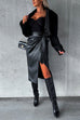 Priyavil Faux Leather Knit Waist Wrapped Midi Skirt