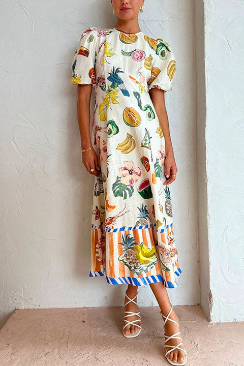 Priyavil Puff Sleeve Food Printed Swing Maxi Vacation Dress