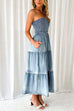 Priyavil Strapless Tube Side Slit Ruffle Tiered Denim Dress