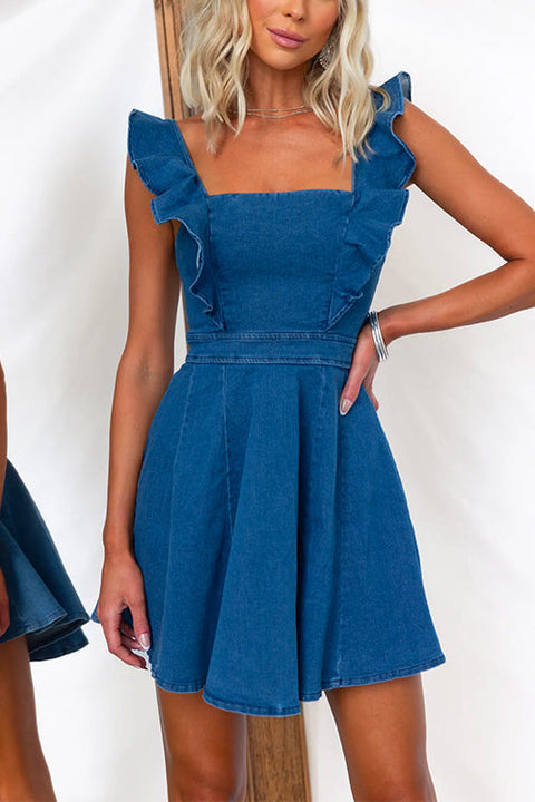 Sleeveless Ruffle Trim Waisted Denim Mini Dress