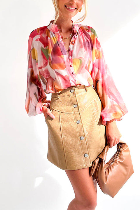 Priyavil Stand Collar Balloon Sleeves Button Down Flowy Printed Shirt