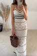 Priyavil V Neck Crochet Hollow Out Color Block Knitting Maxi Cami Dress