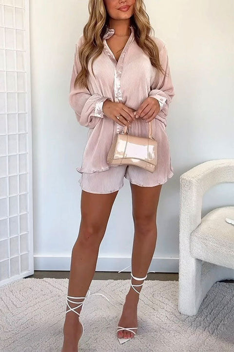 Solid Long Sleeves Blouse Shirt Drawstring Waist Matching Set