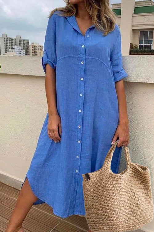 Priyavil Rolled Up Sleeve Button Down Cotton Linen Midi Shirt Dress