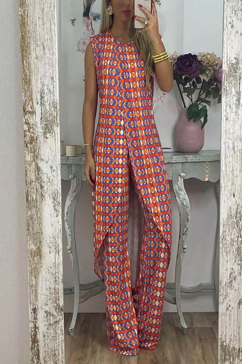 Priyavil Printed High Slit Long Tank Top and Bell Bottoms Pants Set