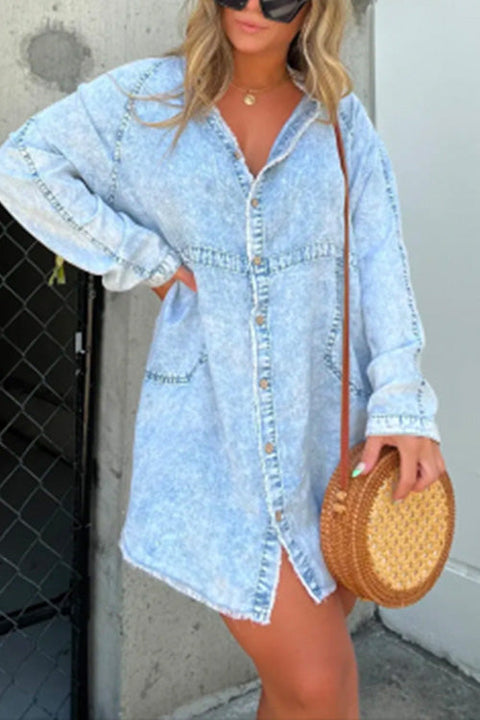 Priyavil V Neck Button Down Pocketed Denim Mini Shirt Dress