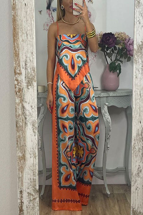 Priyavil Tie Back Irregular Cami Top Wide leg Pants Printed Set