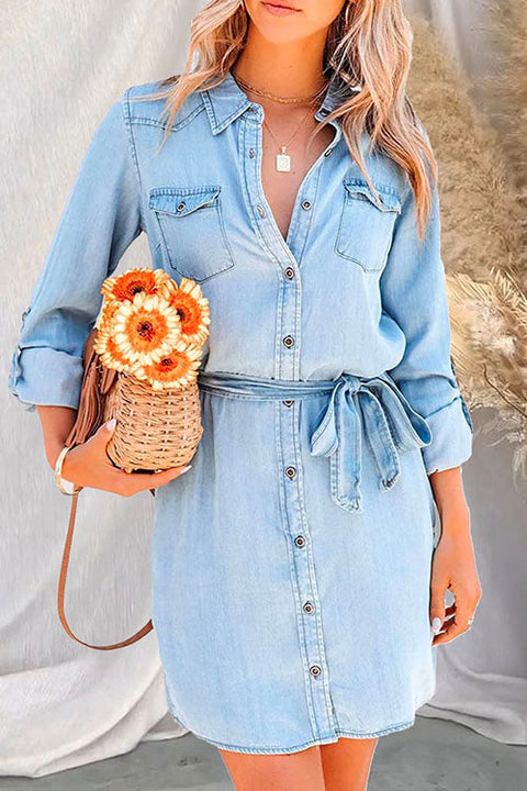 Priyavil Rolled Up Long Sleeves Tie Waist Denim Shirt Dress