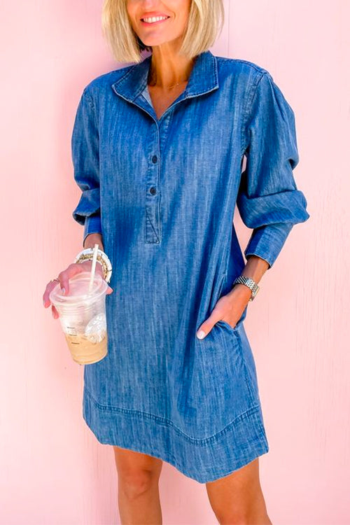 Long Sleeves Button Up Pocketed Denim Mini Dress