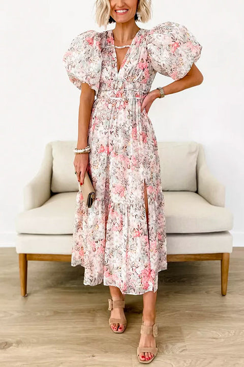 V Neck Puff Short Sleeves Floral Print Midi Flowy Dress